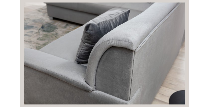 Canapé d’angle convertible TROMSO gris effet velours – Angle gauche avec coffre 