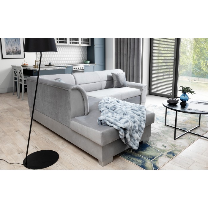 Canapé d’angle convertible TROMSO gris effet velours – Angle gauche avec coffre 