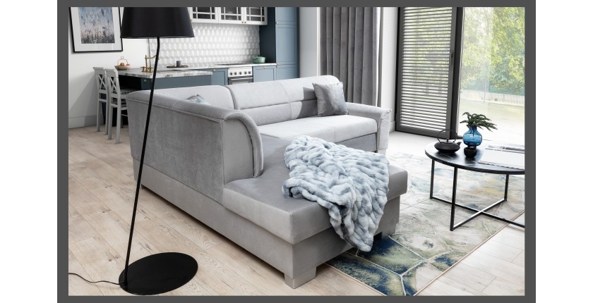 Canapé d’angle convertible TROMSO gris effet velours – Angle gauche avec coffre 