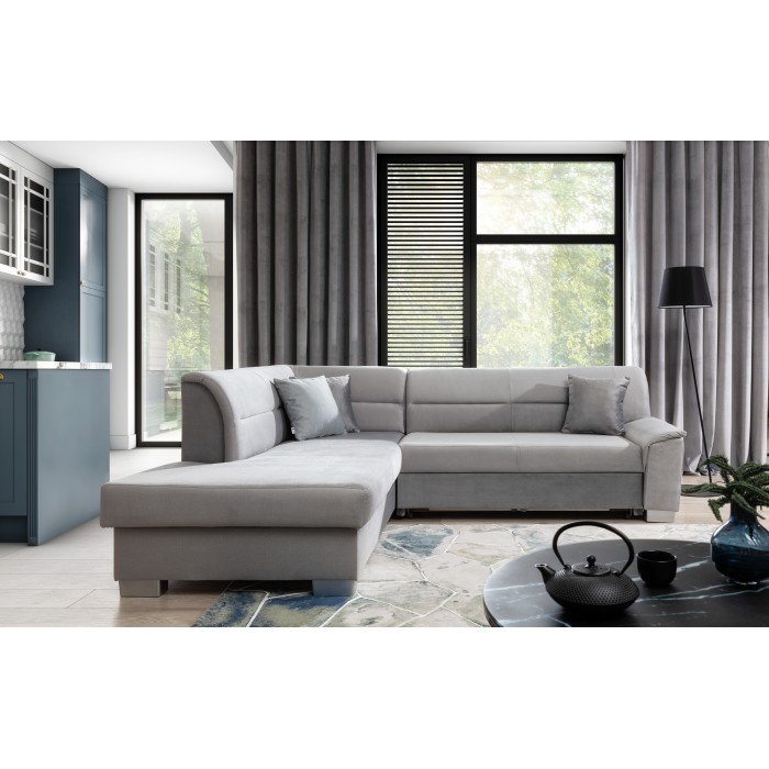 Canapé d’angle convertible TROMSO gris effet velours – Angle gauche avec coffre 