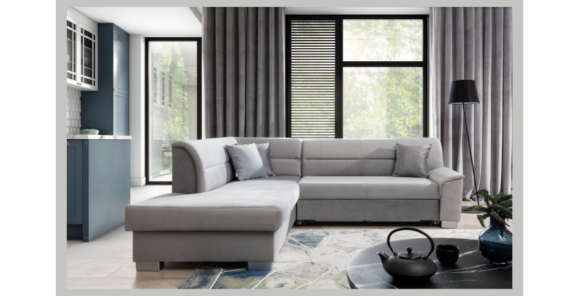 Canapé d’angle convertible TROMSO gris effet velours – Angle gauche avec coffre 