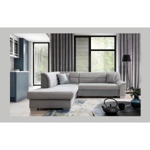 Canapé d’angle convertible TROMSO gris effet velours – Angle gauche avec coffre 