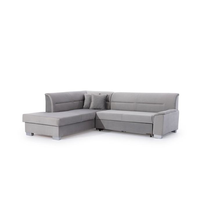 Canapé d’angle convertible TROMSO gris effet velours – Angle gauche avec coffre 