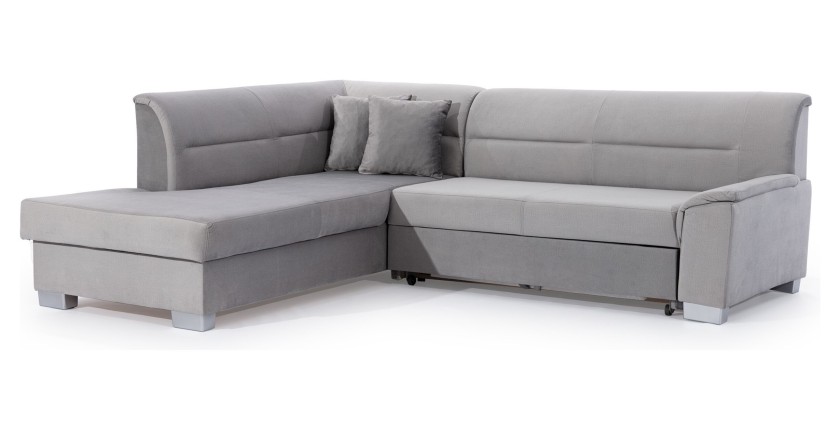 Canapé d’angle convertible TROMSO gris effet velours – Angle gauche avec coffre 