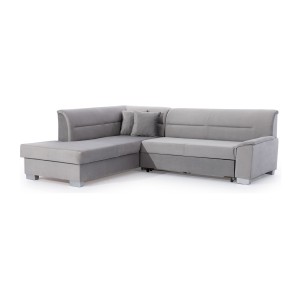 Canapé d’angle convertible TROMSO gris effet velours – Angle gauche avec coffre 