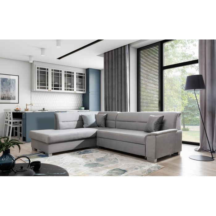 Canapé d’angle convertible TROMSO gris effet velours – Angle gauche avec coffre 