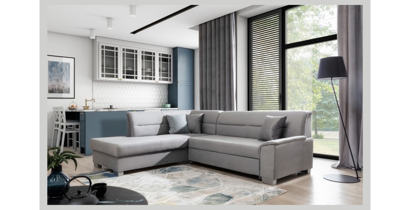 Canapé d’angle convertible TROMSO gris effet velours – Angle gauche avec coffre 