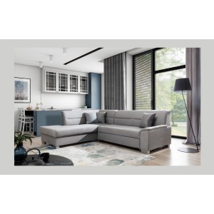 Canapé d’angle convertible TROMSO gris effet velours – Angle gauche avec coffre 