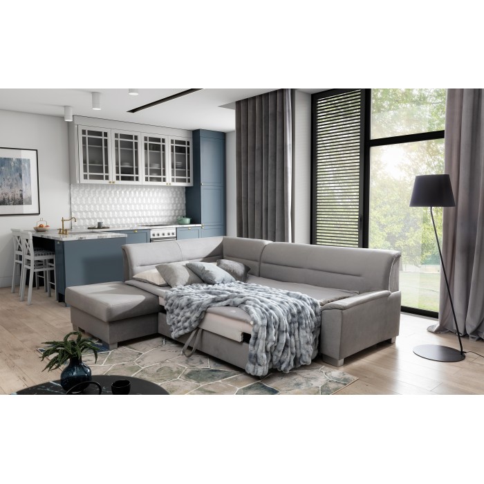 Canapé d’angle convertible TROMSO gris effet velours – Angle gauche avec coffre 