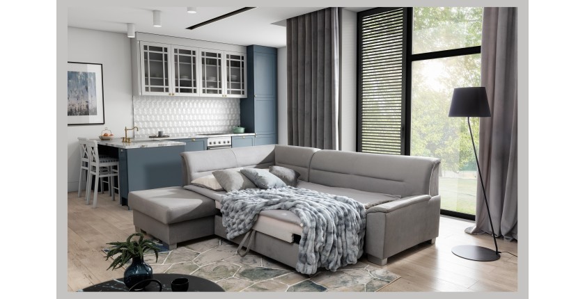 Canapé d’angle convertible TROMSO gris effet velours – Angle gauche avec coffre 