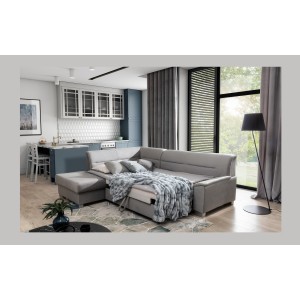 Canapé d’angle convertible TROMSO gris effet velours – Angle gauche avec coffre 