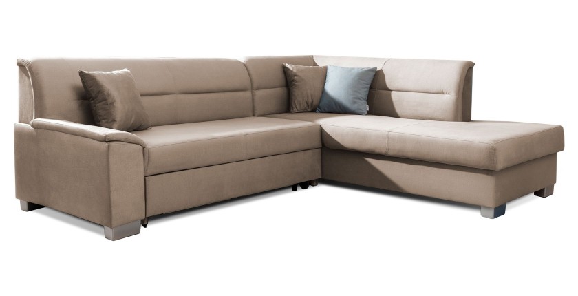 Canapé d’angle convertible TROMSO marron clair effet velours – Angle droit avec coffre 
