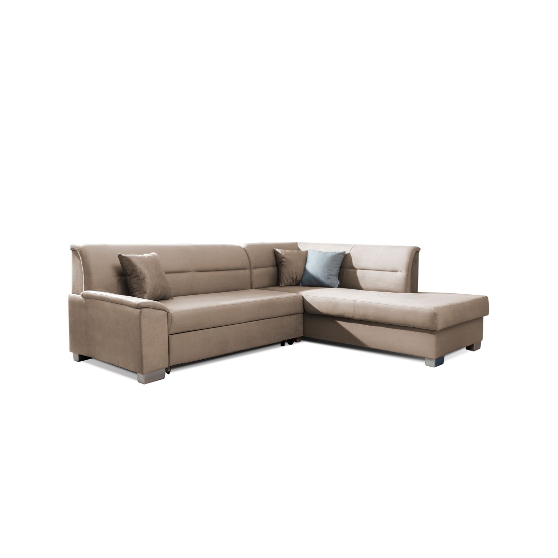 Canapé d’angle convertible TROMSO marron clair effet velours – Angle droit avec coffre 