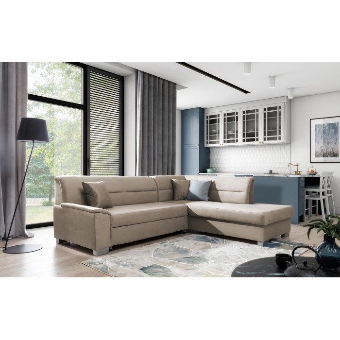 Canapé d’angle convertible TROMSO marron clair effet velours – Angle droit avec coffre 