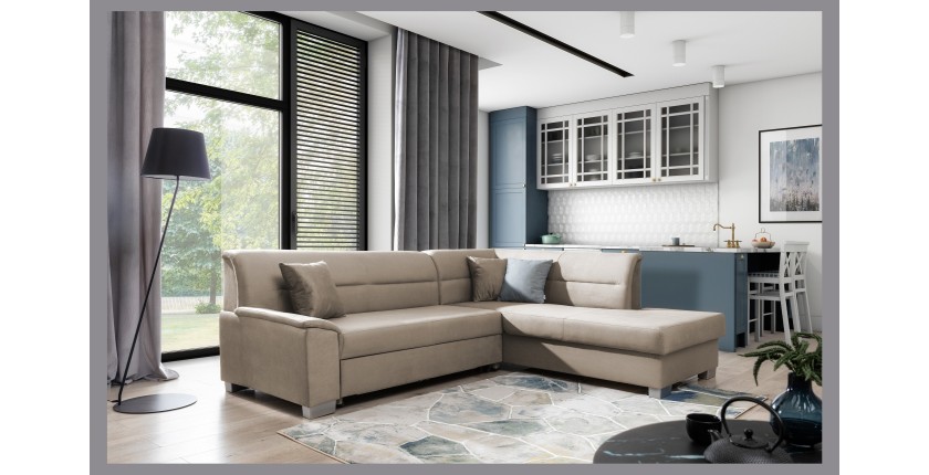 Canapé d’angle convertible TROMSO marron clair effet velours – Angle droit avec coffre 