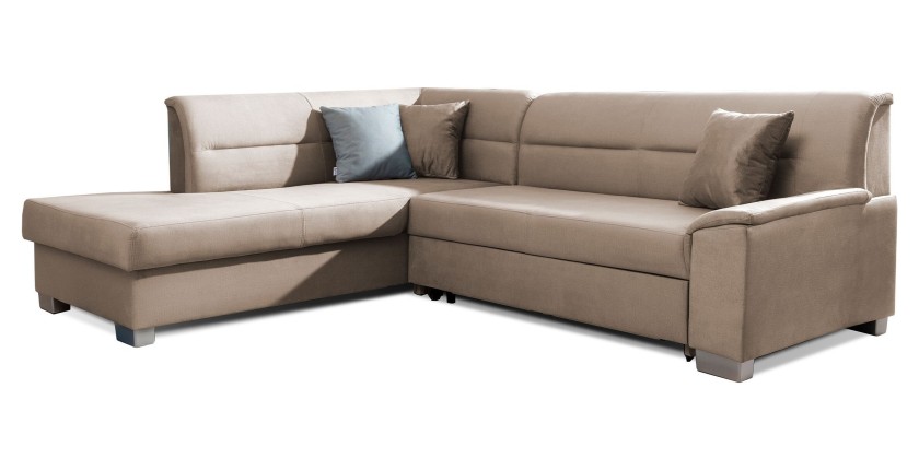 Canapé d’angle convertible TROMSO marron clair effet velours – Angle gauche avec coffre 