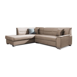 Canapé d’angle convertible TROMSO marron clair effet velours – Angle gauche avec coffre 