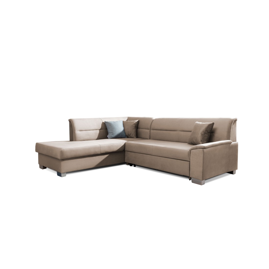 Canapé d’angle convertible TROMSO marron clair effet velours – Angle gauche avec coffre 