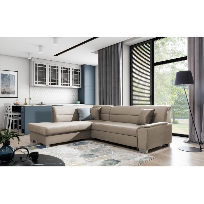 Canapé d’angle convertible TROMSO marron clair effet velours – Angle gauche avec coffre 