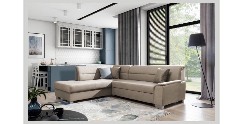 Canapé d’angle convertible TROMSO marron clair effet velours – Angle gauche avec coffre 