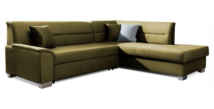 Canapé d’angle convertible TROMSO vert effet velours – Angle droit avec coffre 
