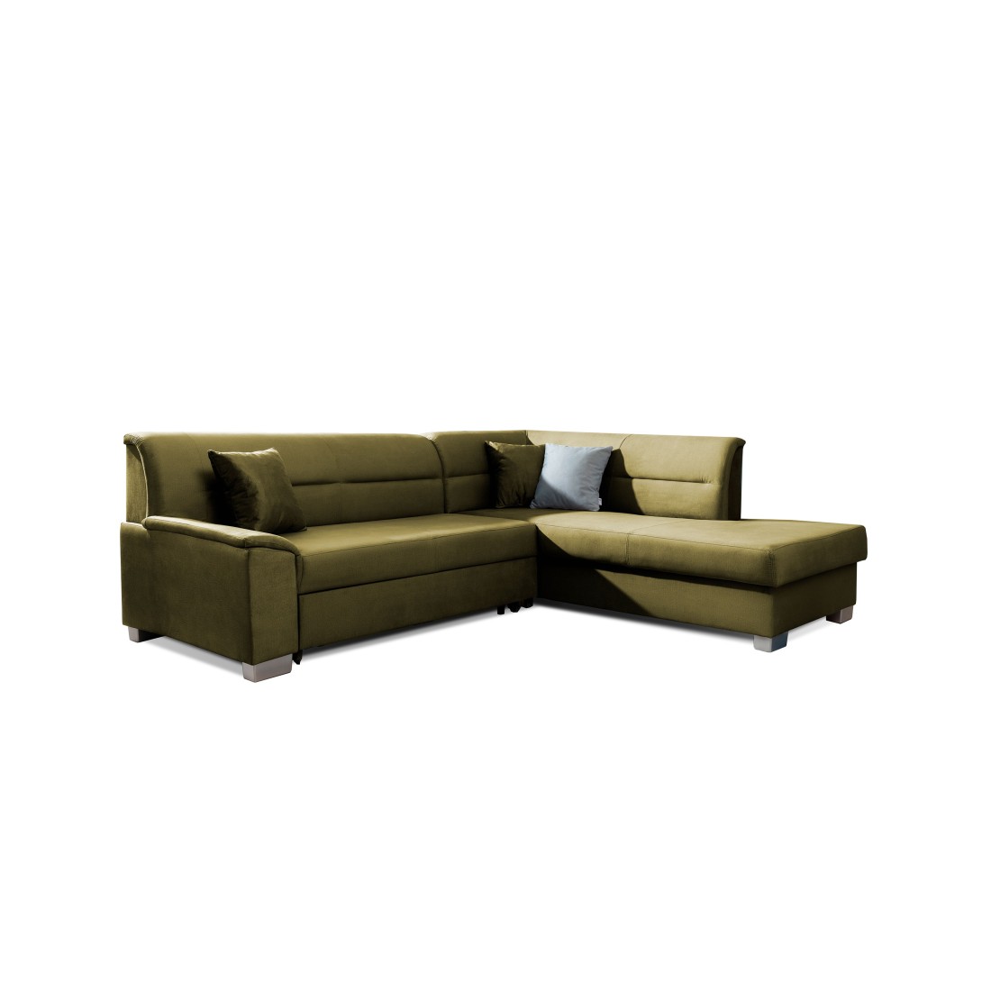 Canapé d’angle convertible TROMSO vert effet velours – Angle droit avec coffre 