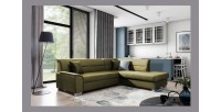 Canapé d’angle convertible TROMSO vert effet velours – Angle droit avec coffre 
