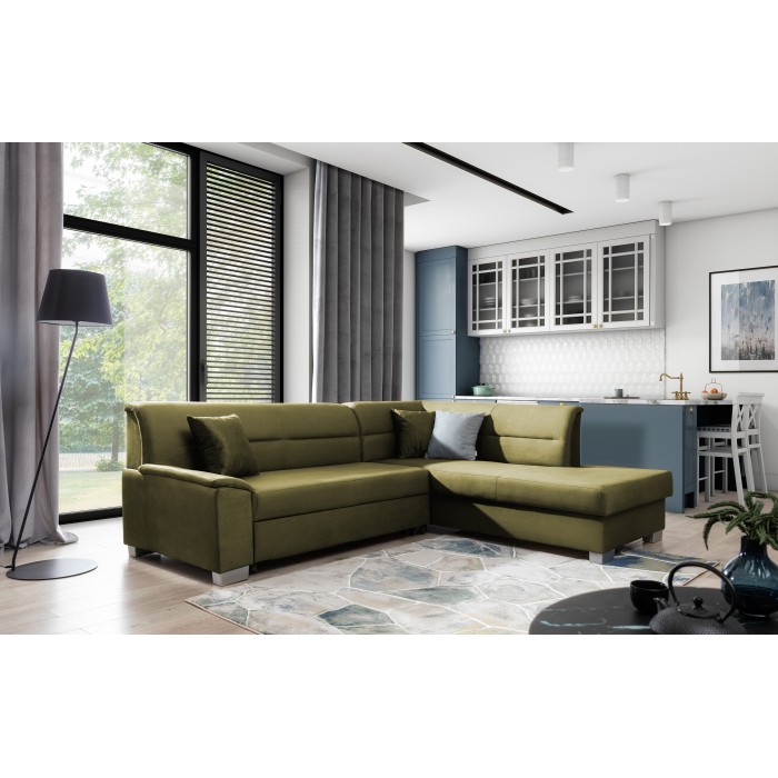 Canapé d’angle convertible TROMSO vert effet velours – Angle droit avec coffre 