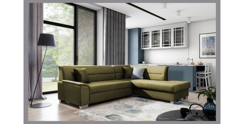 Canapé d’angle convertible TROMSO vert effet velours – Angle droit avec coffre 