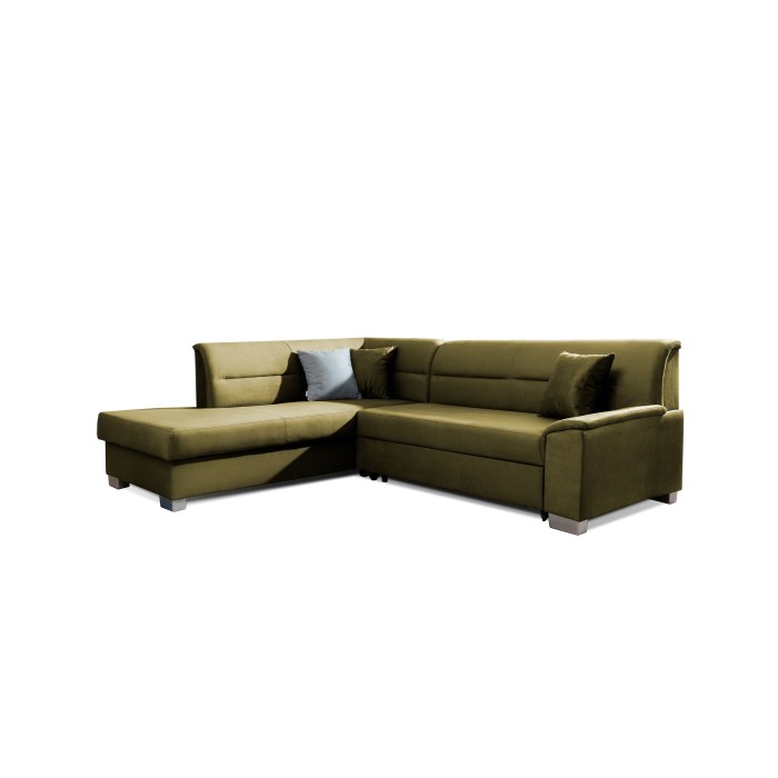 Canapé d’angle convertible TROMSO vert effet velours – Angle gauche avec coffre 