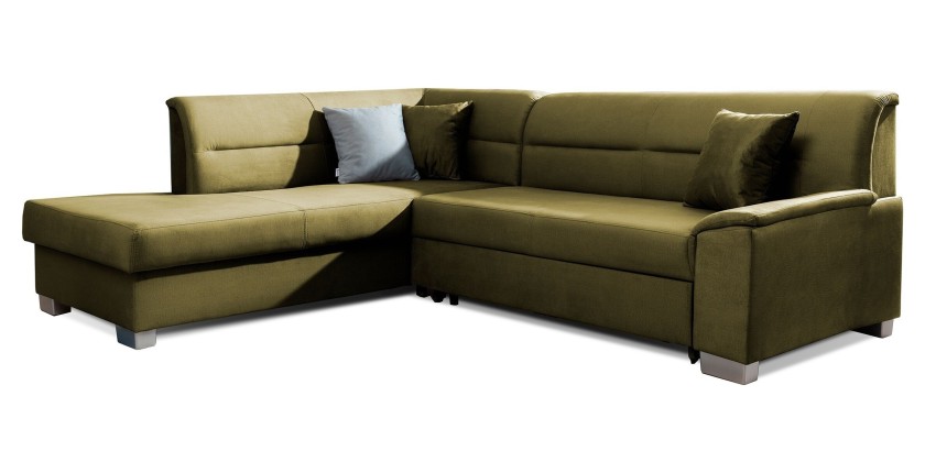 Canapé d’angle convertible TROMSO vert effet velours – Angle gauche avec coffre 