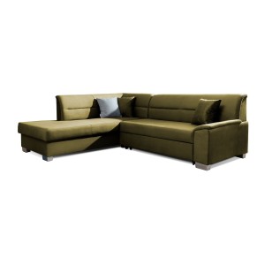 Canapé d’angle convertible TROMSO vert effet velours – Angle gauche avec coffre 
