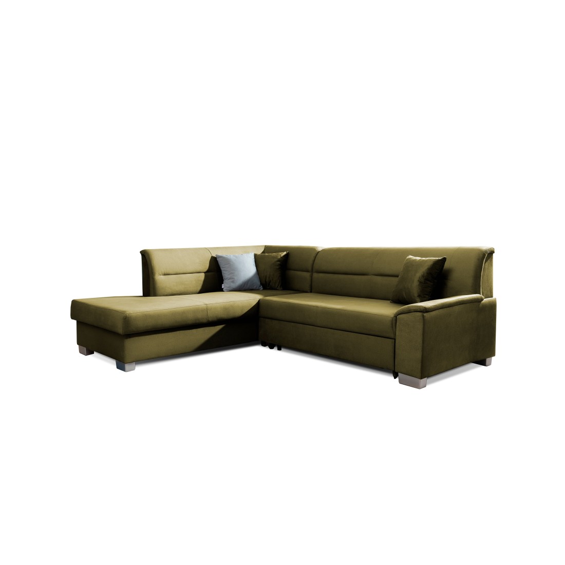 Canapé d’angle convertible TROMSO vert effet velours – Angle gauche avec coffre 