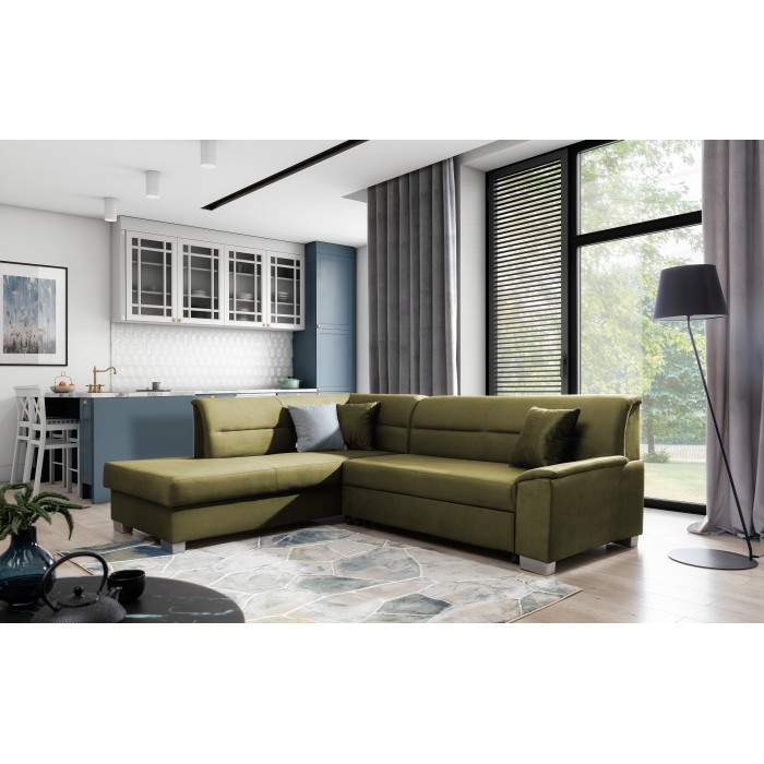 Canapé d’angle convertible TROMSO vert effet velours – Angle gauche avec coffre 