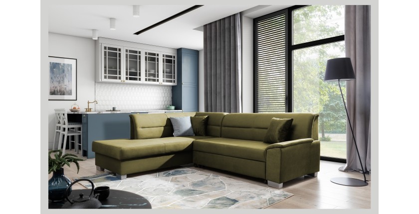 Canapé d’angle convertible TROMSO vert effet velours – Angle gauche avec coffre 