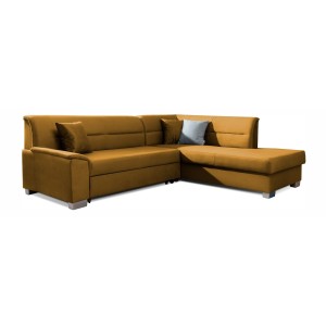 Canapé d’angle convertible TROMSO jaune orangé effet velours – Angle droit avec coffre 