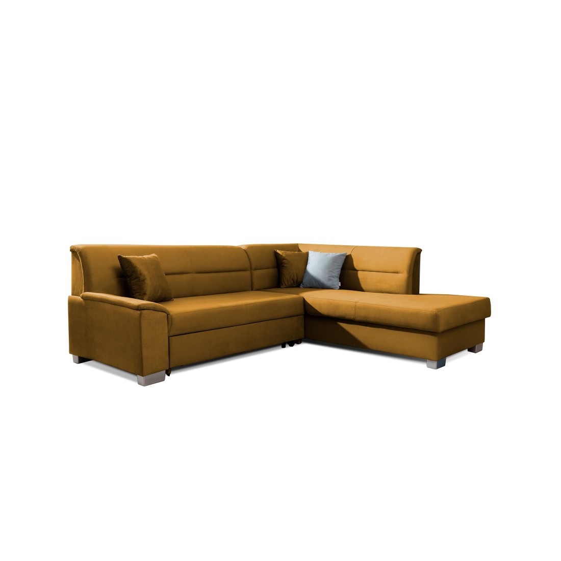 Canapé d’angle convertible TROMSO jaune orangé effet velours – Angle droit avec coffre 