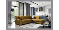 Canapé d’angle convertible TROMSO jaune orangé effet velours – Angle droit avec coffre 
