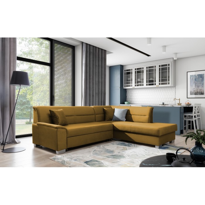 Canapé d’angle convertible TROMSO jaune orangé effet velours – Angle droit avec coffre 