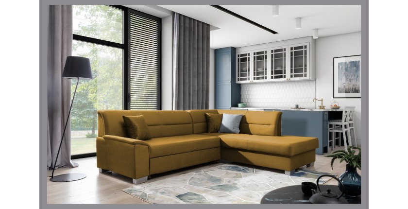 Canapé d’angle convertible TROMSO jaune orangé effet velours – Angle droit avec coffre 