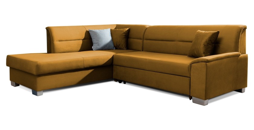 Canapé d’angle convertible TROMSO jaune orangé effet velours – Angle gauche avec coffre 