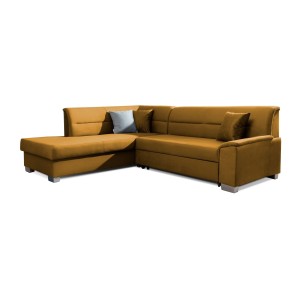 Canapé d’angle convertible TROMSO jaune orangé effet velours – Angle gauche avec coffre 