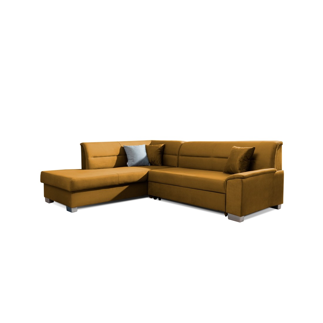 Canapé d’angle convertible TROMSO jaune orangé effet velours – Angle gauche avec coffre 