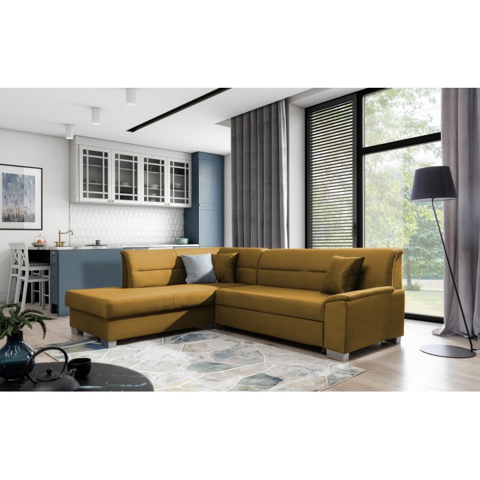 Canapé d’angle convertible TROMSO jaune orangé effet velours – Angle gauche avec coffre 