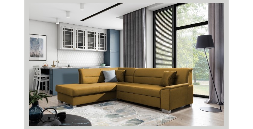 Canapé d’angle convertible TROMSO jaune orangé effet velours – Angle gauche avec coffre 
