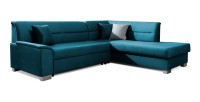 Canapé d’angle convertible TROMSO bleu foncé effet velours – Angle droit avec coffre 
