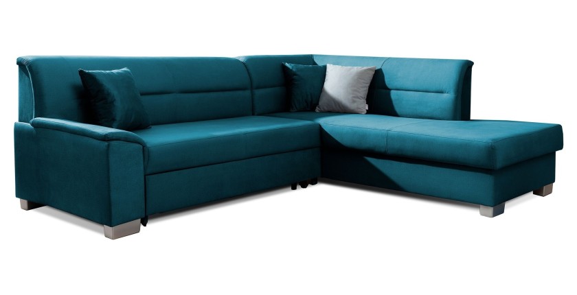 Canapé d’angle convertible TROMSO bleu foncé effet velours – Angle droit avec coffre 