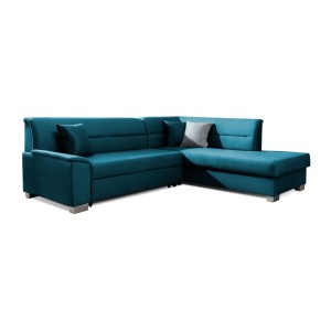 Canapé d’angle convertible TROMSO bleu foncé effet velours – Angle droit avec coffre 