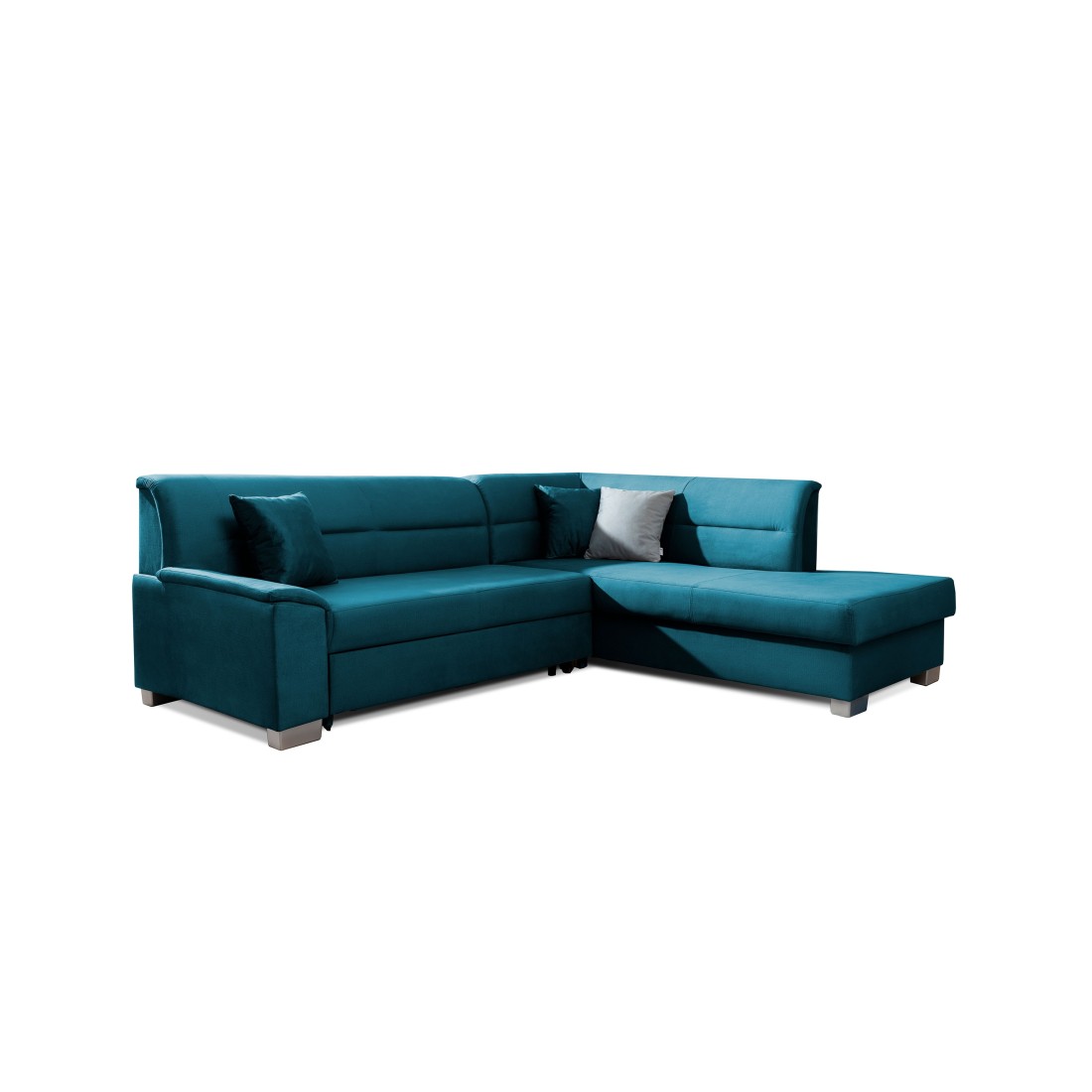 Canapé d’angle convertible TROMSO bleu foncé effet velours – Angle droit avec coffre 