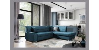Canapé d’angle convertible TROMSO bleu foncé effet velours – Angle droit avec coffre 